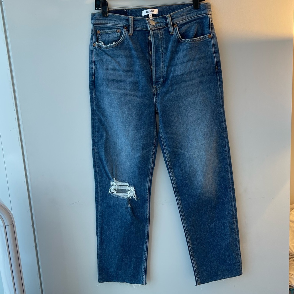 Redone 70s Ultra High Rise Stove Pipe Vintage Indigo Destroy